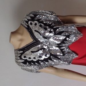 70s 80s vintage black Silk silver sequin butterfly crop top beaded.